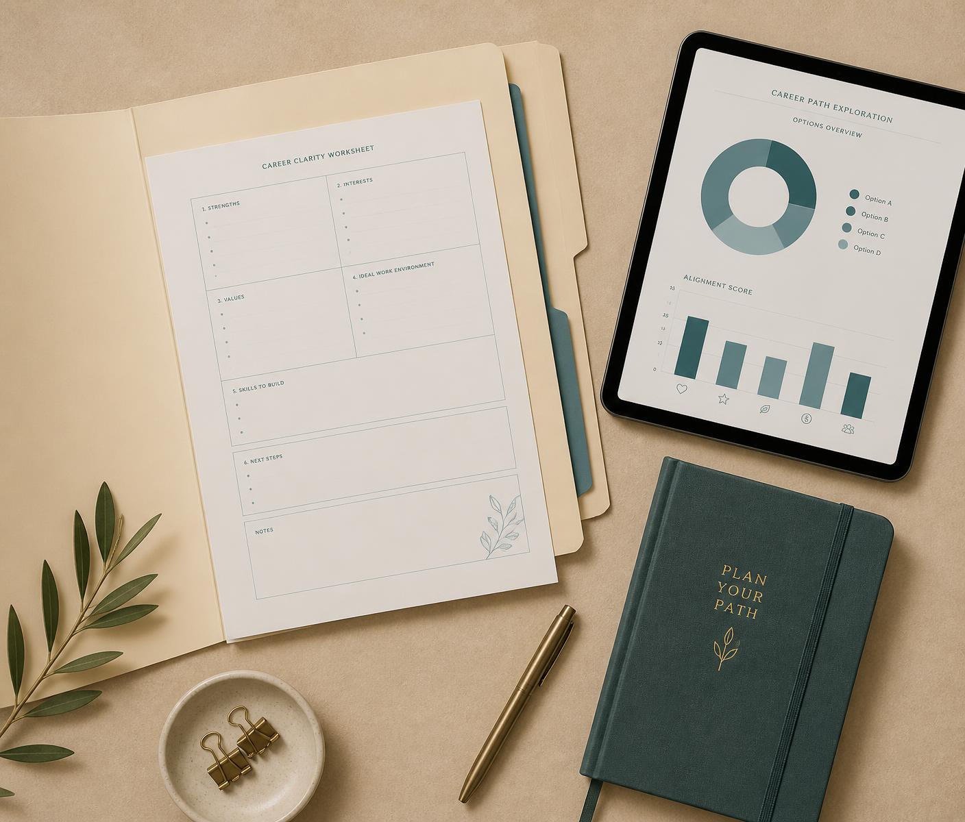 Career planning worksheets, folder, notebook and career data displayed on a tablet